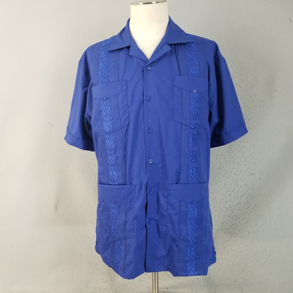 Omega Fashion Shirt Mens L Blue Guayabera Short Sleeve Embroidered 4-Pocket Top